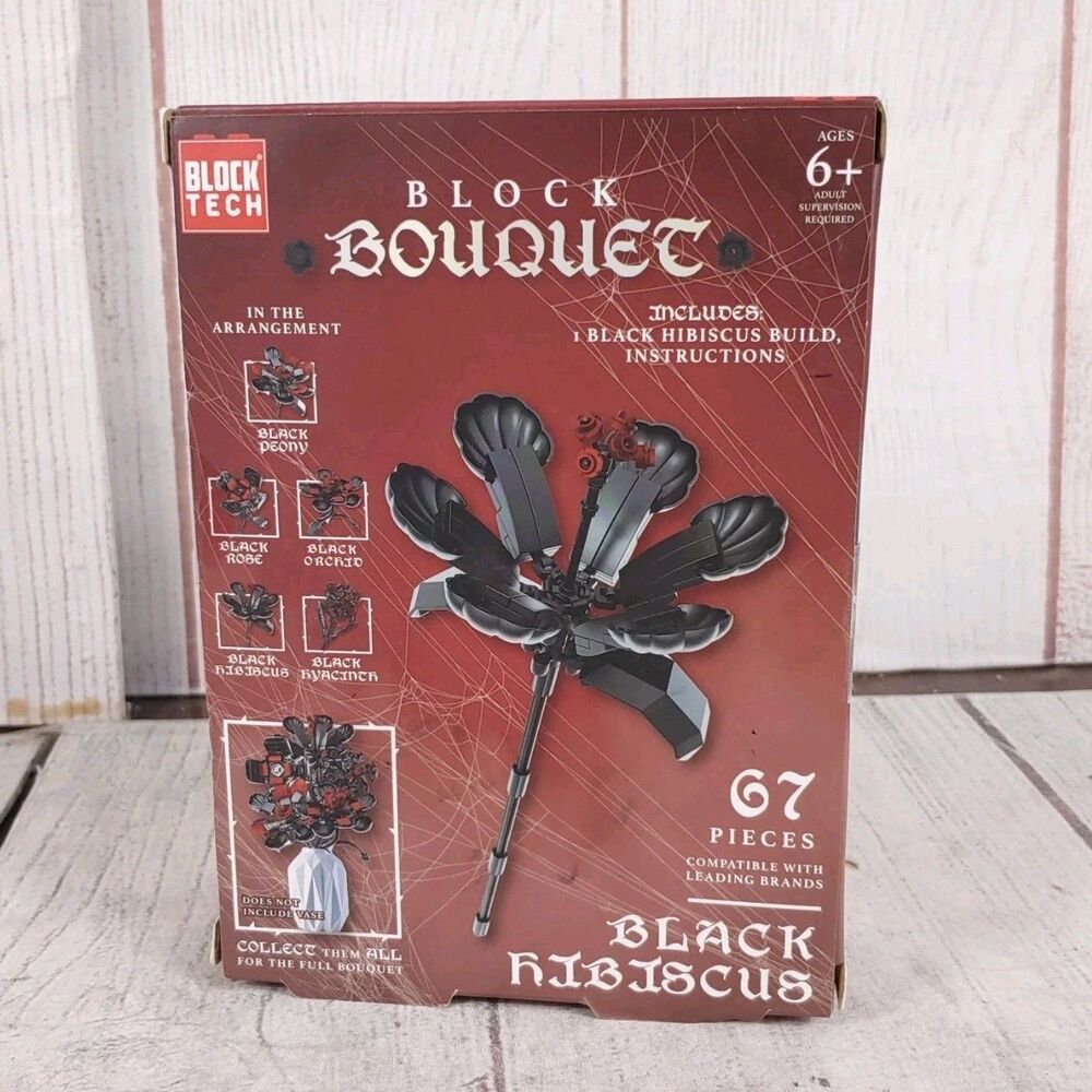 Block Tech Block Bouquet Black Hibiscus Flower Building Block Set 67 Pieces NIB